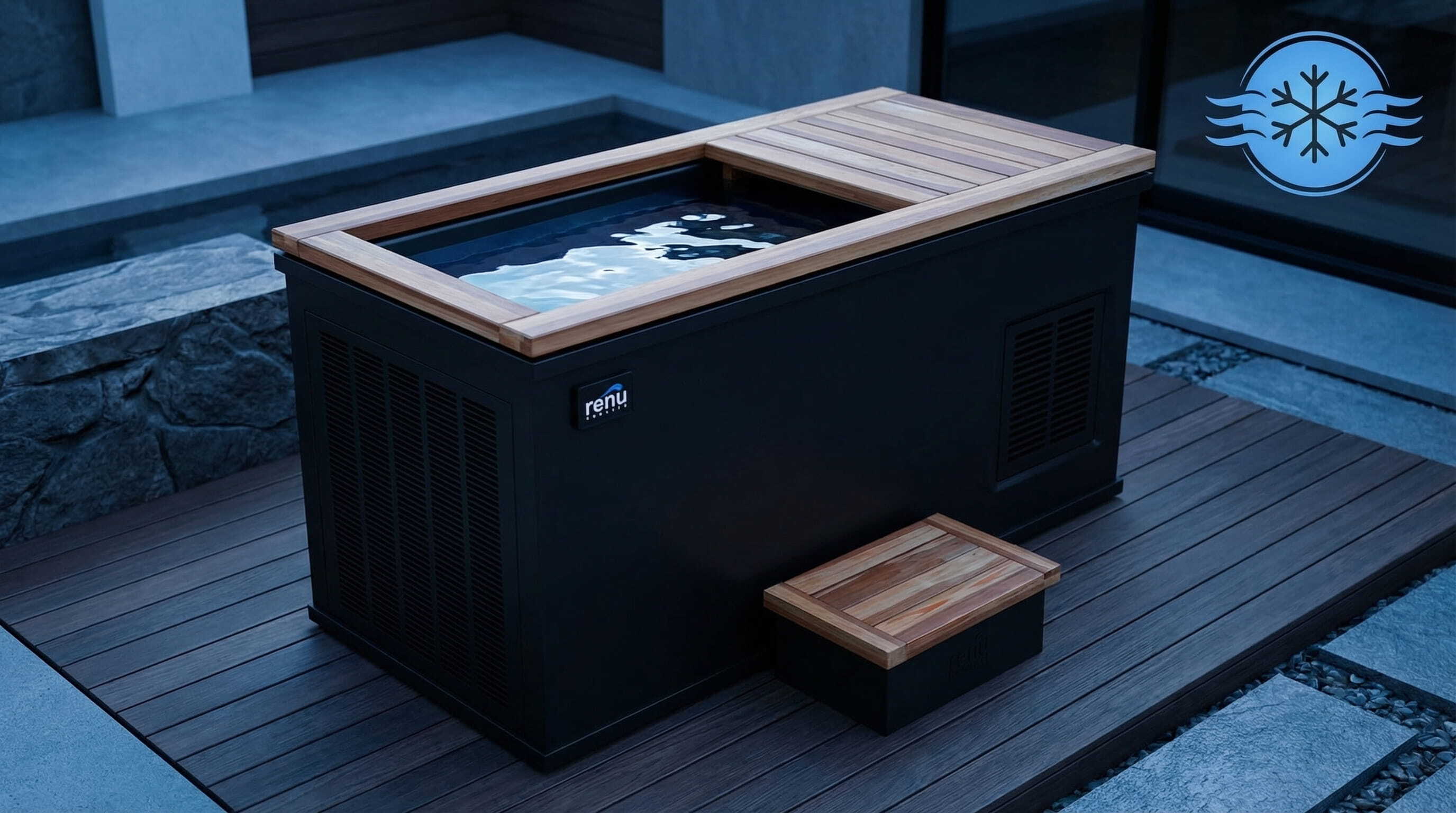 Black cold plunge tub for home recovery and cold water immersion